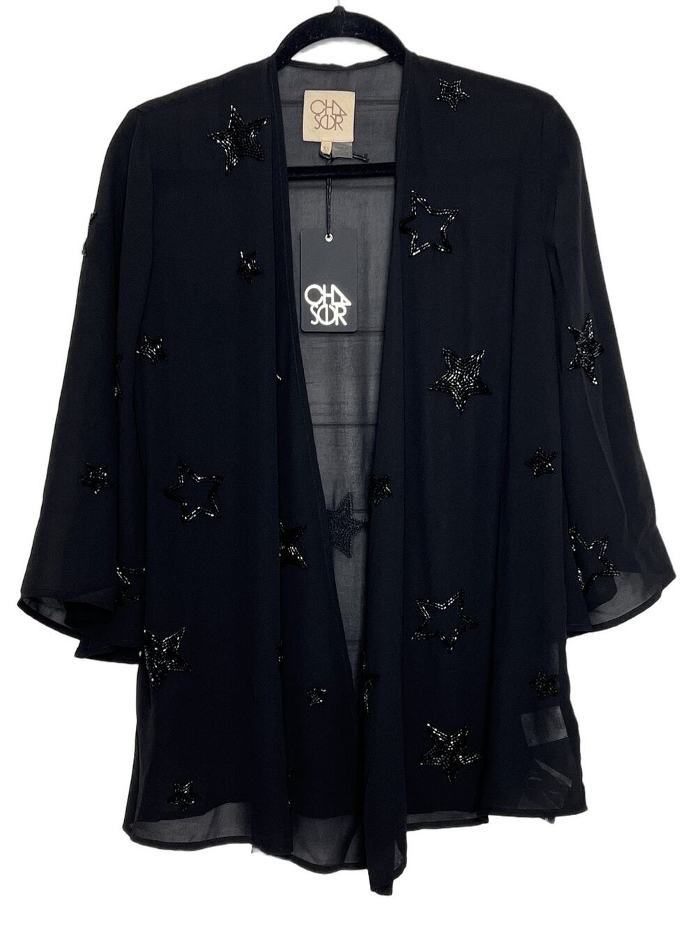 CHASER Women's Black Star Beaded Sheer Kimono 3/4 Sleeve Top Size XS